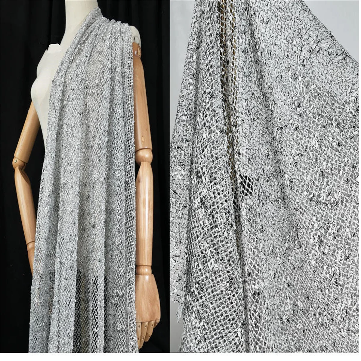 Designer crocheted lace fabric, hollowed out retro checkered knitted fabric, dyed three-dimensional texture fabric.