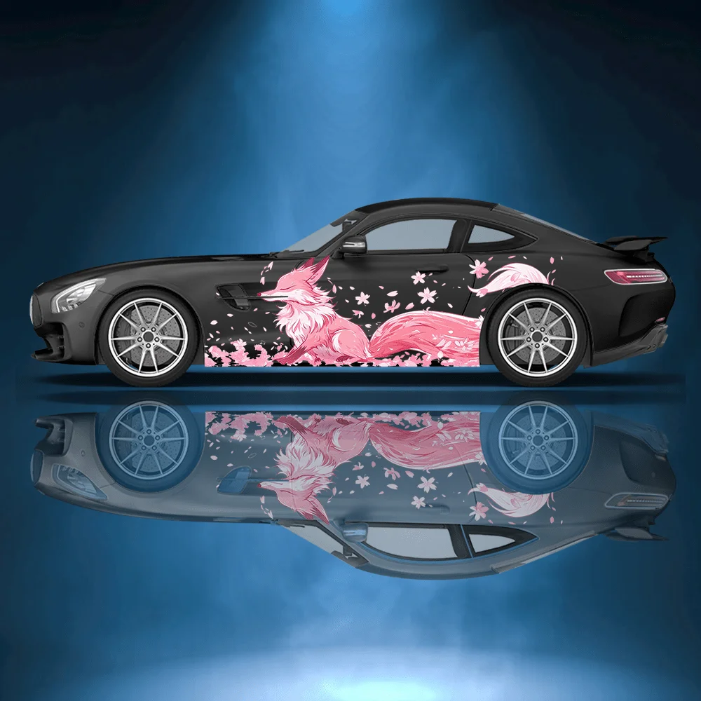 

Fox Pink Cherry Blossom Print Car Side Sticker Decoration Protection, Waterproof Self-adhesive Decal Auto Accessories Wrap Cover