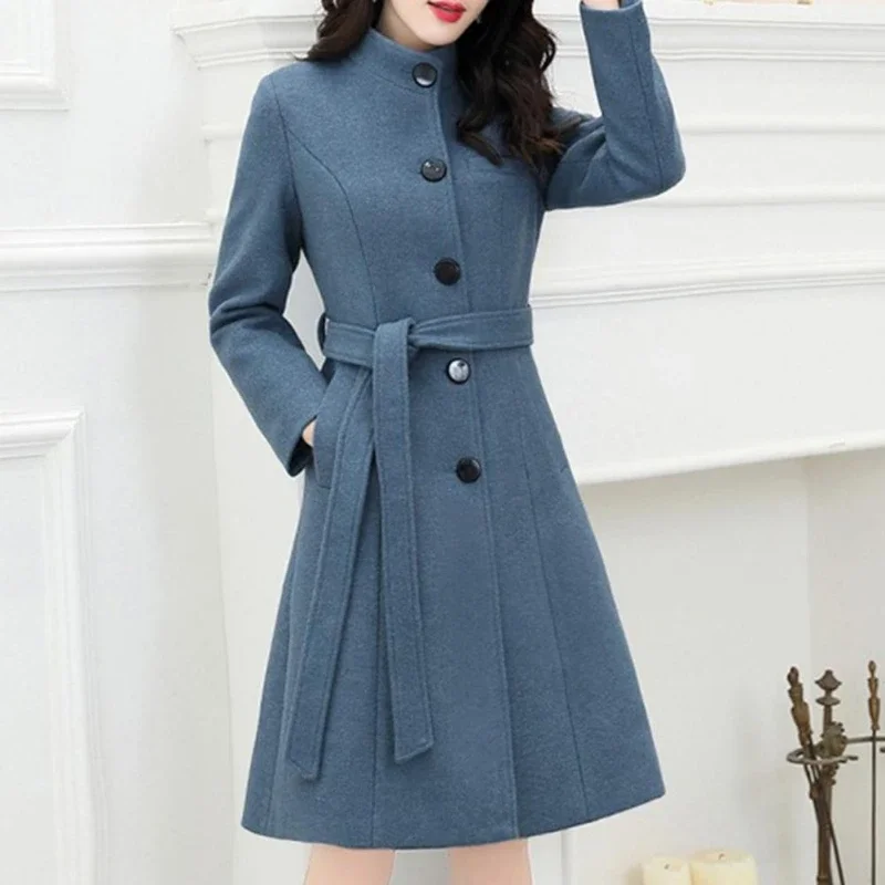 Stylish Women Woolen Coat Long Sleeve Autumn Winter Slim Fit Buttons Woolen Coat  Elegant Women Overcoat for Office