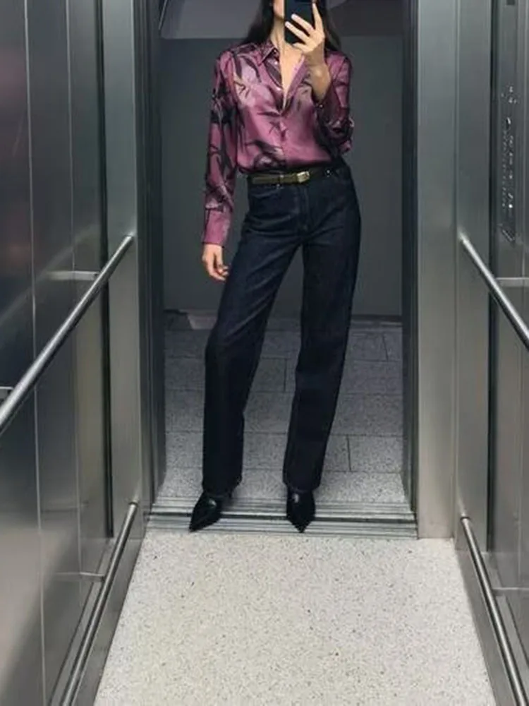 

Spring New Arrival Women's Faionable Silk Satin Print Long Sve Collared irt Versatile Commute Sle Regular Fit Open C...