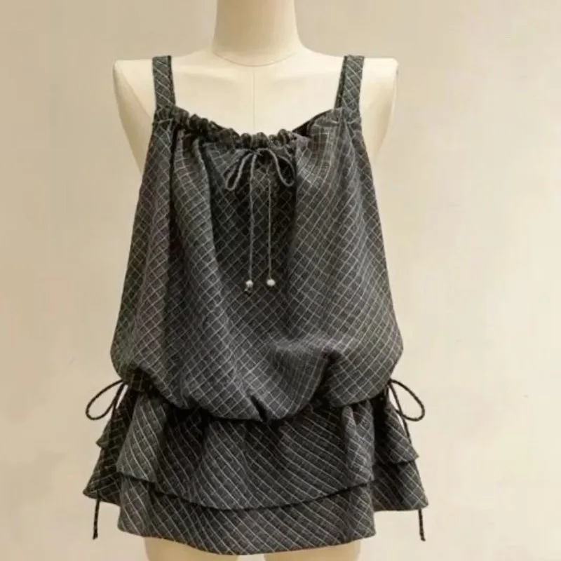 Harajuku Vintage Tierred Flounced Edge Plaid Tank Top Women Summer New Clothing Drawstring Strap Versatile Fashion Y2k Tops Tee