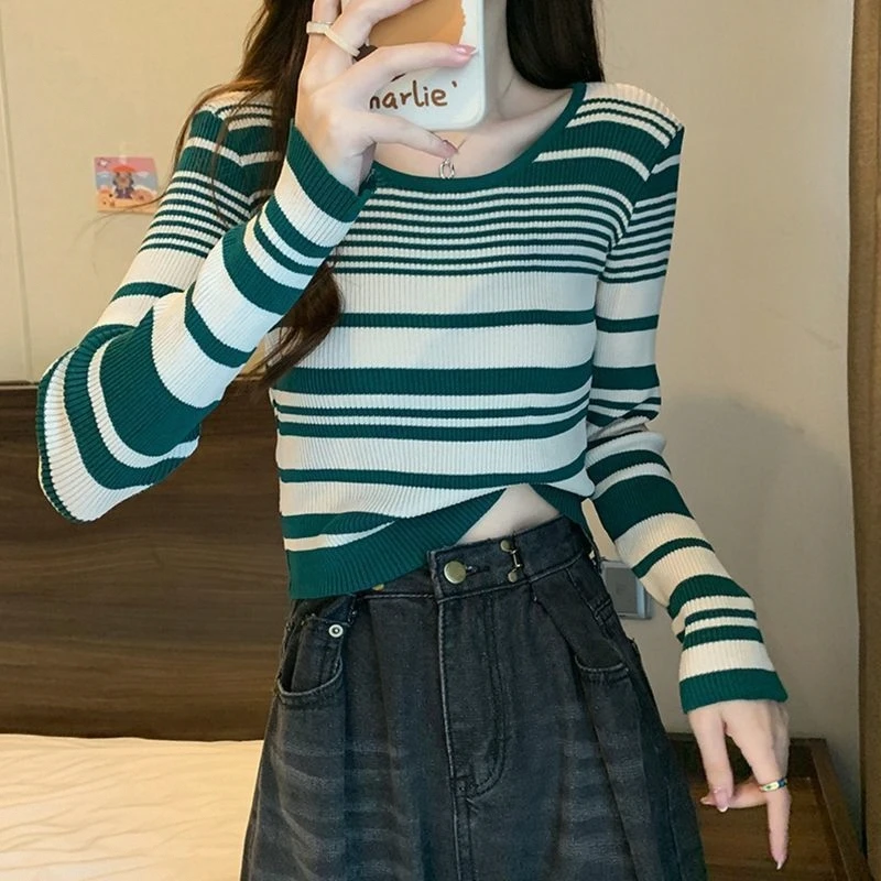 T-shirt lunga Sve a righe retrò Maglieria da donna Faion Abbigliamento interno Slim Fit Or Sle Top Primavera Autunno Stagione