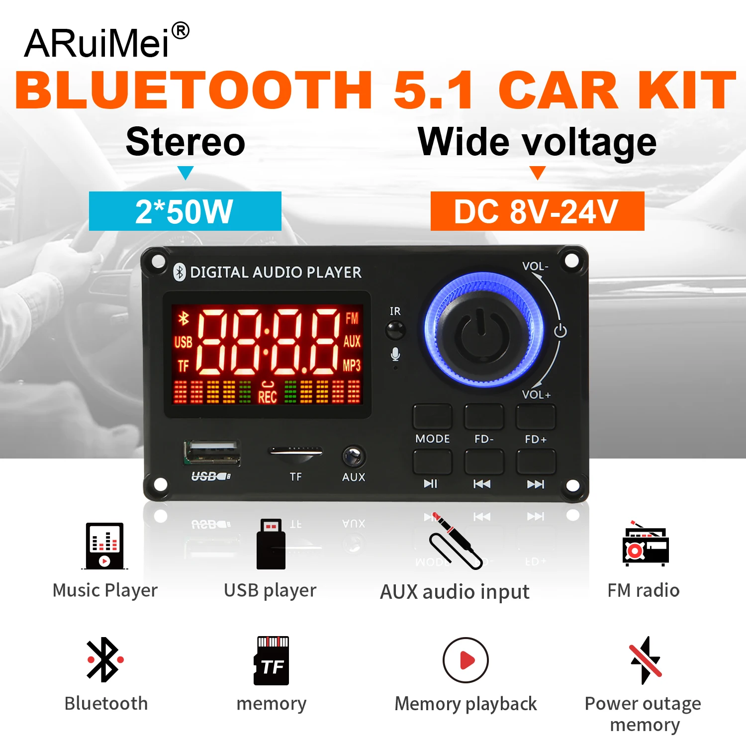 ARuiMei Bluetooth 5.1 Car Kit 100W Amplifier 2*50W Stereo MP3 Player FM Radio USB TF AUX DC 8V-24V with Remote Control