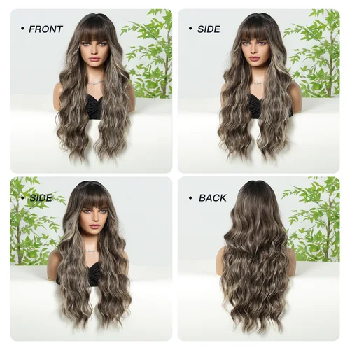 Imagen 2 del producto Peluca marrón con flequillo, peluca larga ondulada marrón mezclada rubia resaltada con raíces oscuras, peluca sintética rizada Natural ombré resistente al calor