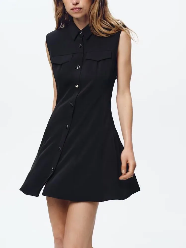 Summer New Arrival Women's Dr Gauze Comfortable Svel round Ne  Dr A-Line Skirt Single Button Closure ort ...