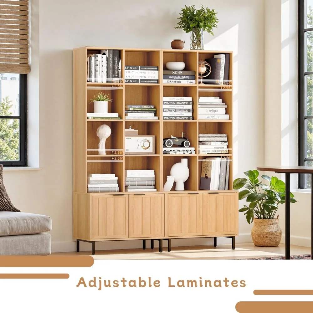 Estante de madeira ajustável de 4 camadas estilo fazenda com portas, armário de armazenamento para sala de estar, escritório, cozinha