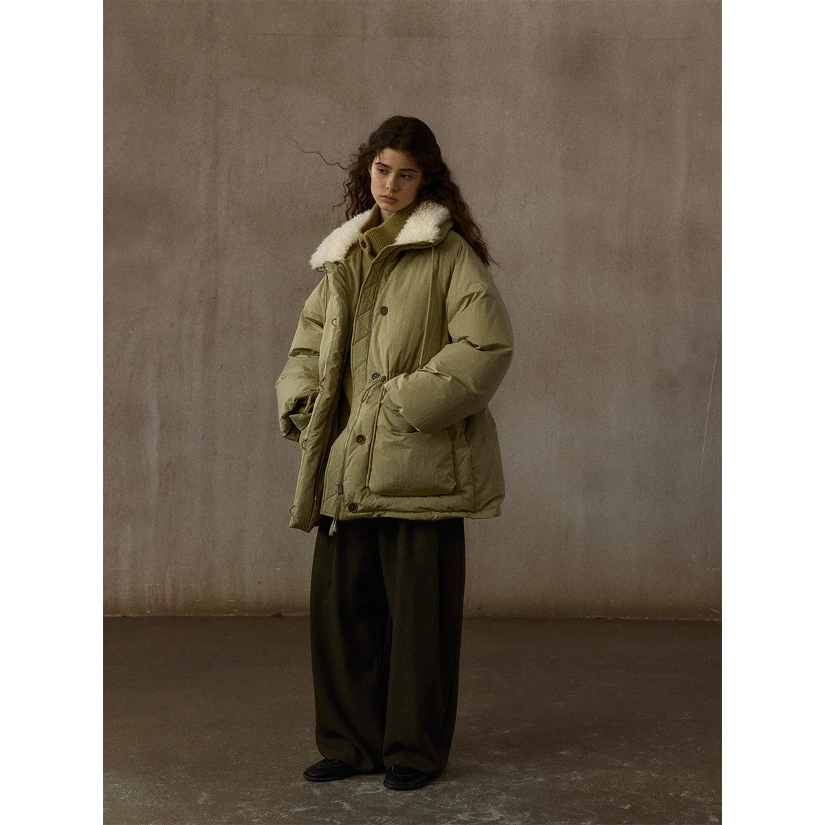 UMI MAO High-Count Fine Cotton Slightly Wrinkled Texture Detachable Fur Collar Parka Warm Down Jacket Coat For Women