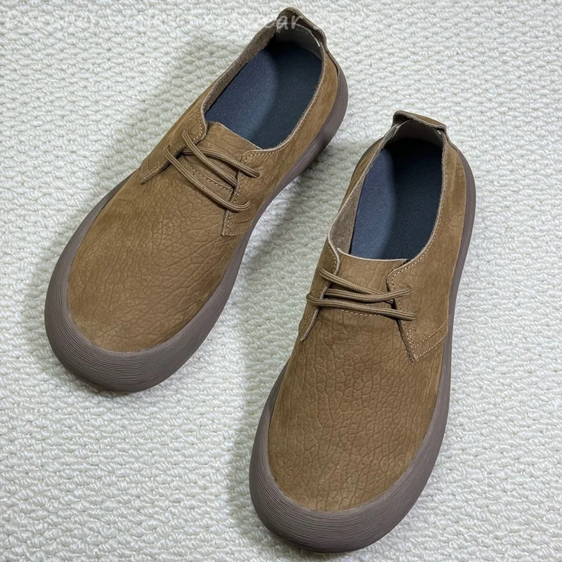 Mens Wide Fit Casual Shoes Textured Leather Lace Up Flat Loafers Soft Bottom Lightweight Retro Walking Moccasins Men Shoes