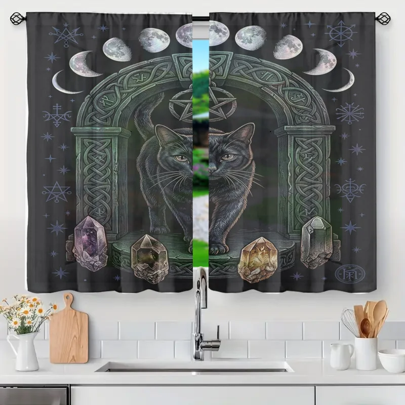 Cosmic Witchcraft Moon Crystal Cat Curtain Set Boho Mystical Gothic Astrology Tarot Wiccan Window Drapes Filtering Home Decor Cu