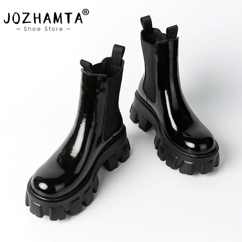 

JOZHAMTA Size 33-41 Women Chelsea Boots Genuine Leather Elastic Band Ankle Booties Thick High Heels Shoes Platform Short Boots