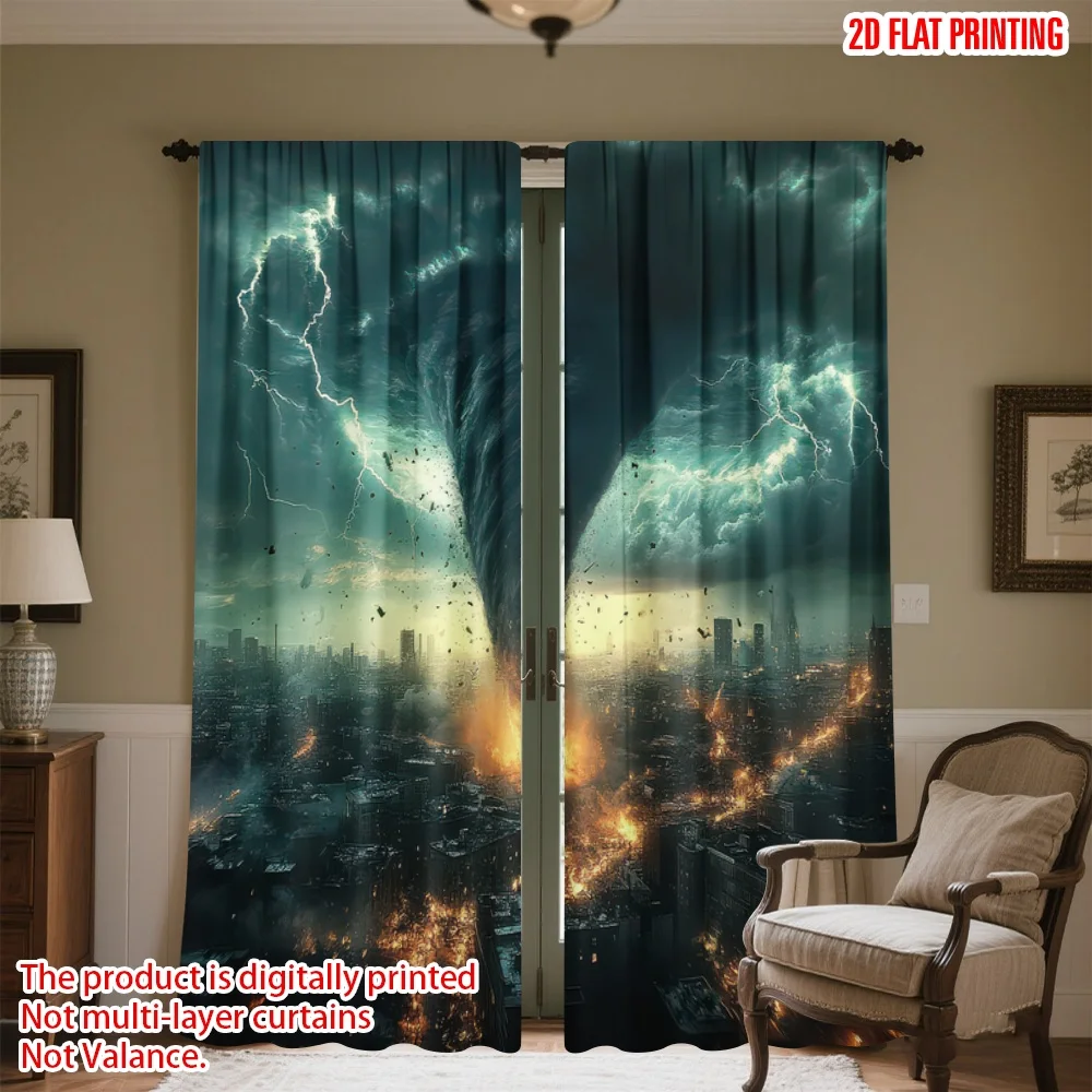 

2D flat printing 2pcs Window Curtains Fierce Tornado Over City Digital Printed Polyester Drapes Birthday Party for Photo Booths
