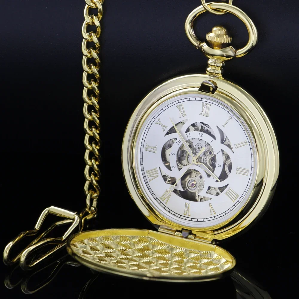 Reloj de bolsillo mecánico automático para hombre, de lujo, dorado, cobre, doble cazador, números romanos, esfera colgante, cadena, regalo antiguo PJX1673