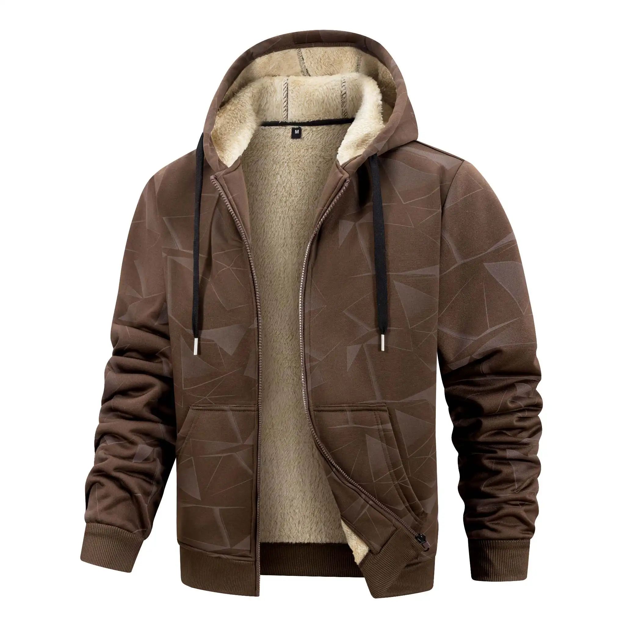 Men Geometric Print Zip Up Hooded Sweatshirt, Thick Fleece Lined, Drawstring Hood, Full Zipper Closure, Front Pockets, Ribbed Cuffs And Hem, Loose Fit, Warm Casual Long Sleeve Jacket For Autumn Winter
