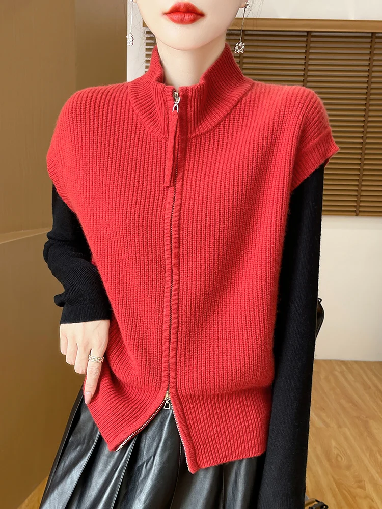 New Chic Autumn Winter Women Cashmere Vest 100% Merino Wool Sweater Waistcoat Turn Down Collar Zipper Knitwear Top Clothing