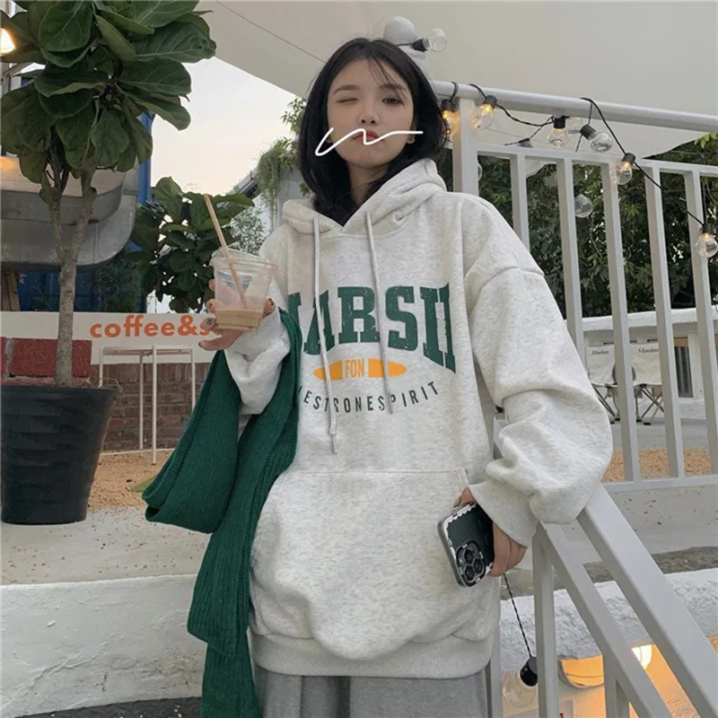 Autumn Letter Print Hoodies Women Streetwear Korean Y2k Long Sleeve Female Sweatshirt Loose Fleece Ladies Clothes Winter 후드티