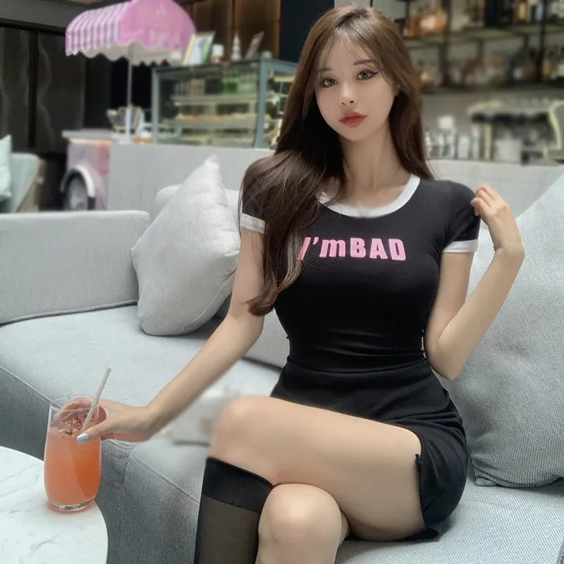 In Chữ Đầm Nữ Sexy Nữ Tay Ngắn Đa Năng Đầm Cổ Tròn Áo Đầm Nữ Mini