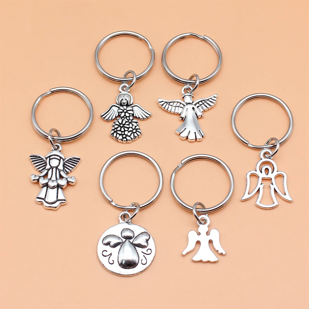 6pcs/set Antique silver vintage zinc alloy Guardian Angel Pendant keychain accessory set