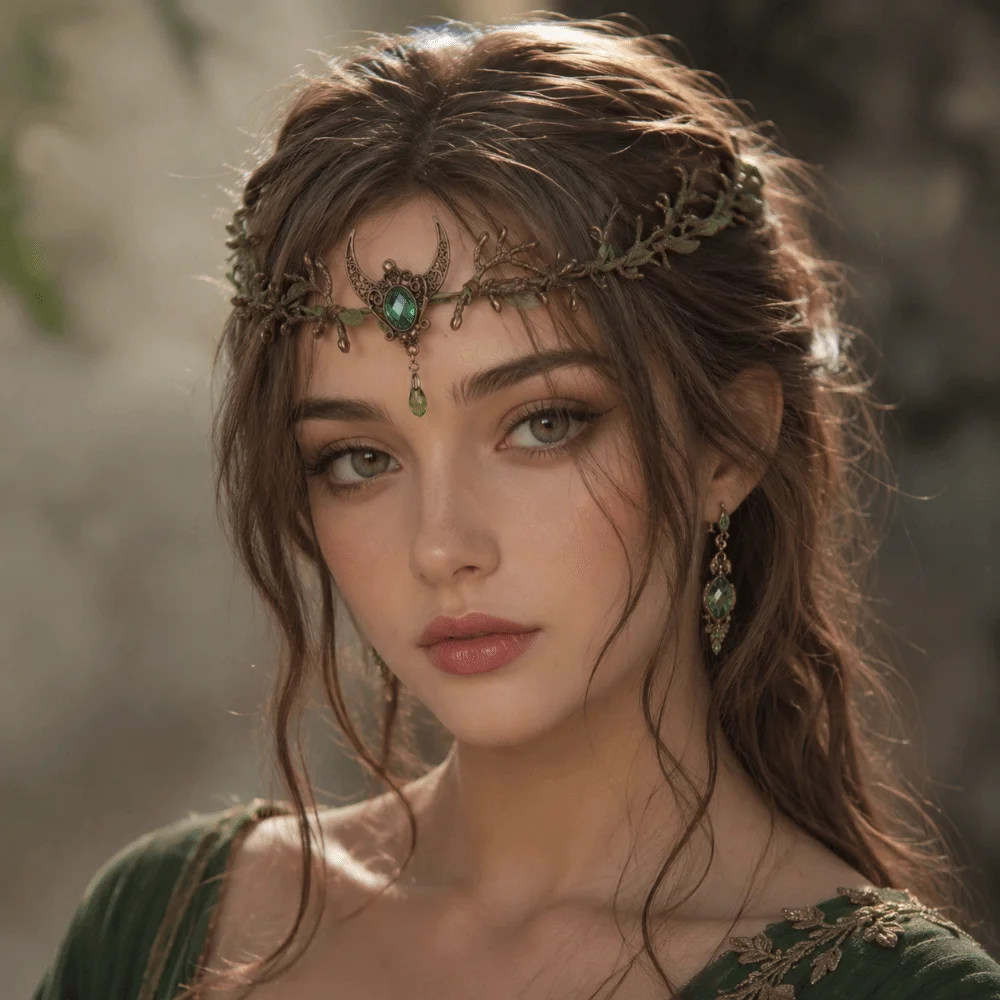 Moon Flower Elven Crown Green Gemstone Renaissance Bridal Forehead Chain Vintage Gemstone Branch Leaf Headpiece Cosplay Events