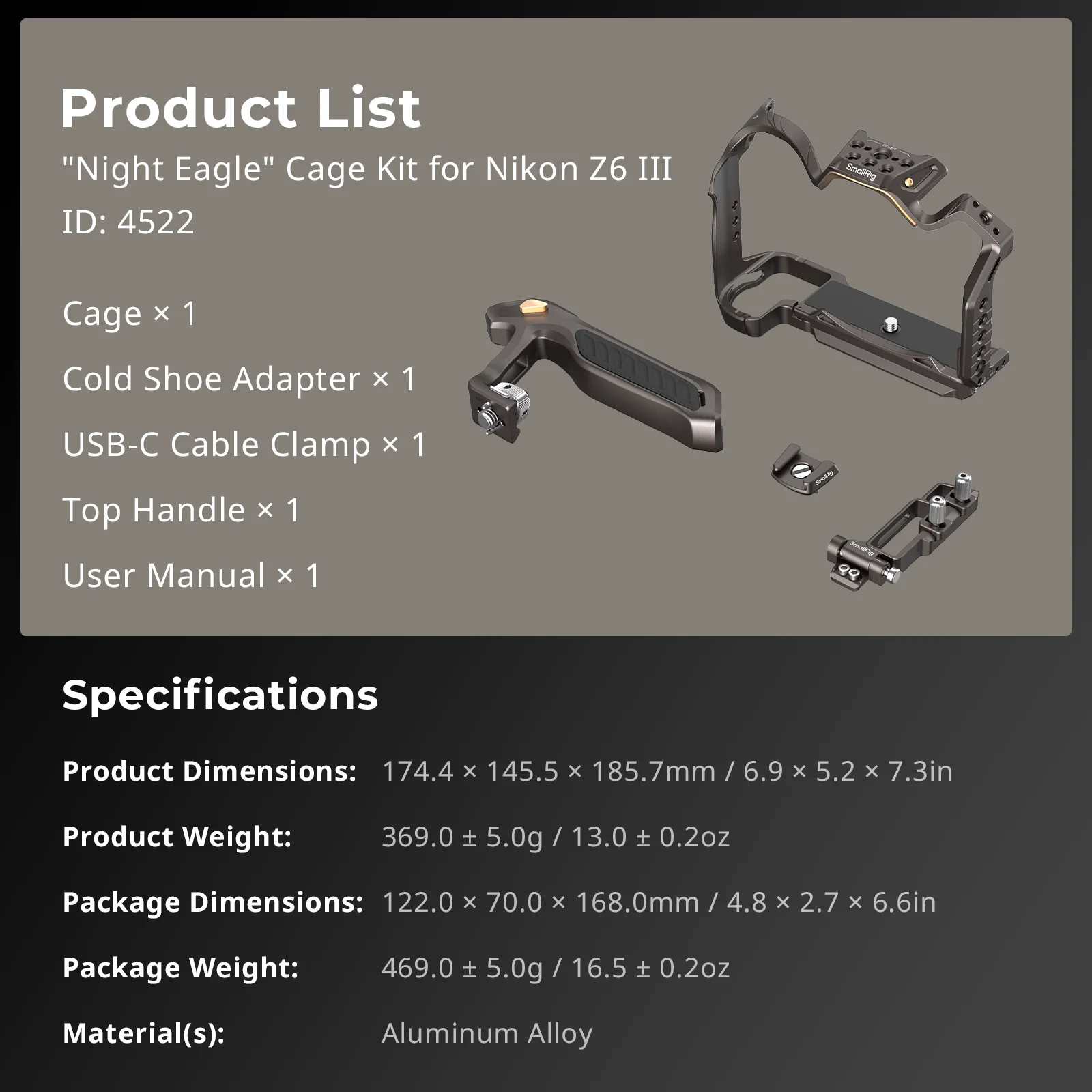SmallRig Night Eagle Z6III camerakooi voor Nikon Z6 III met snelontgrendelingsplaat voor Arca-Swiss, met koude schoen voor microfoon en licht 4521