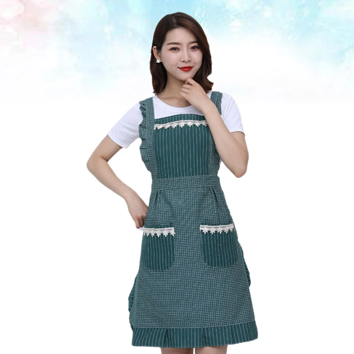 

1pc Cotton Aprons For Double Layered Cooking Apron With Two Pockets Adjustable Waist Strap Washable Reusable Dark Green
