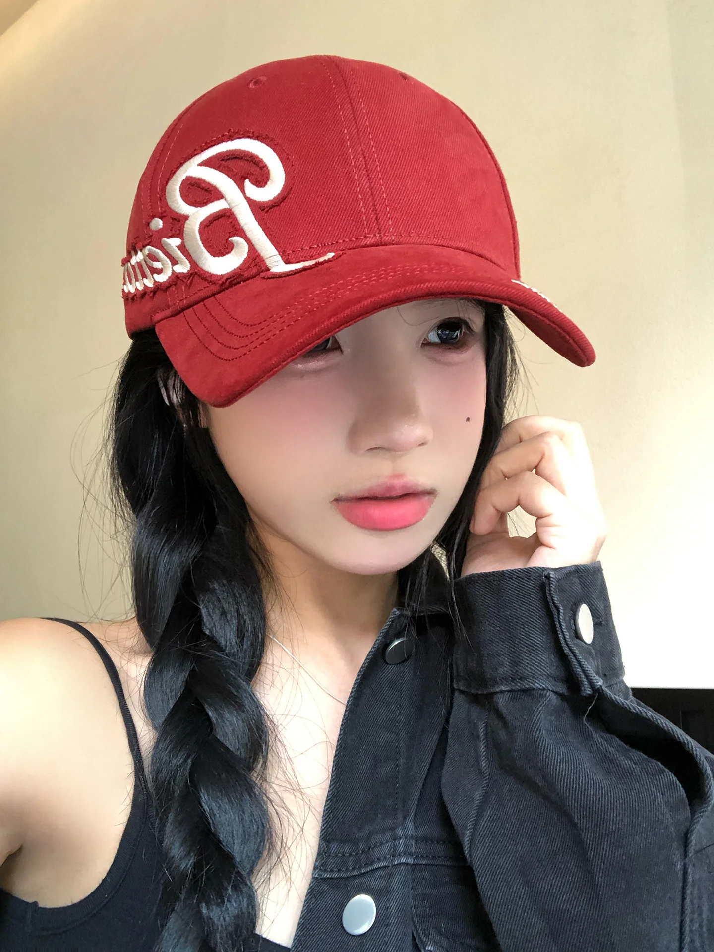 American Retro Embroidered Letter Baseball Cap Women's Extra Wide Brim Large Head Circumference Face Slimming Hard Top Duckbi...