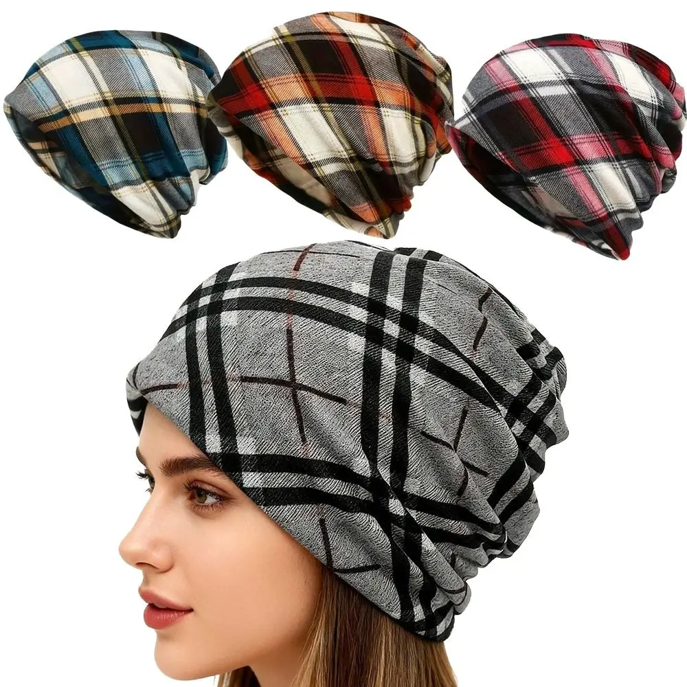 

Contrasting Colors Pullover Hat Multifunctional Plaid Print Casual Hedging Cap Scarf Pullover Hat Keep Warm Women's Pile Hat