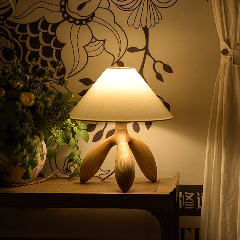 Solid Wood Table Lamps Dimmable With Knob Switch Indoor Decor LED Lighting Bedroom Living Room Study Desks Lamp Fabric Lampshade