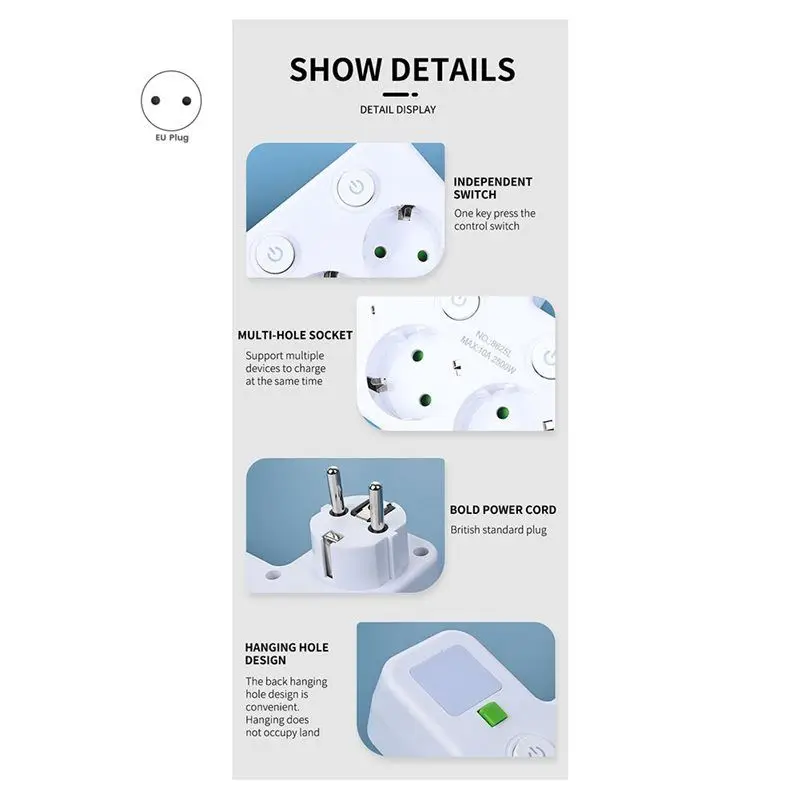 A01F-EU Plug Outlet 4 Sockets Electrical Socket EU Plug Outlet No Extension Cord Plug Outlet With USB Type-C Ports Two Specifica