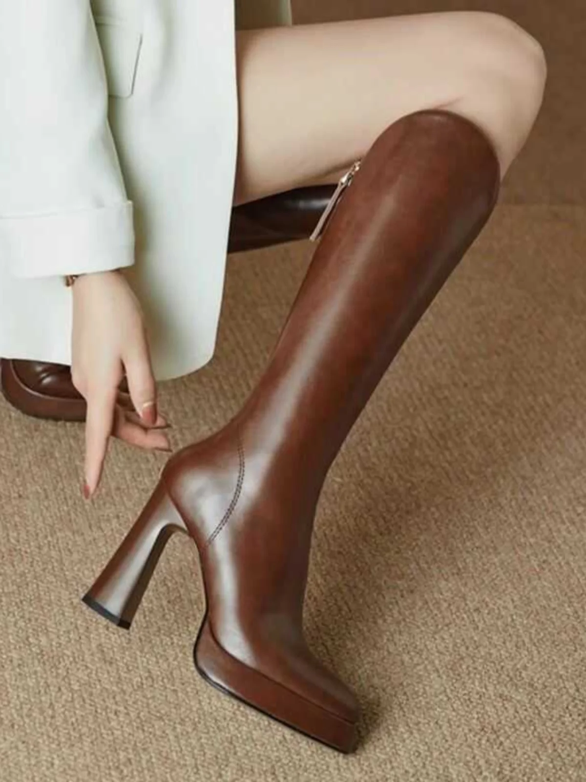 

Genuine Leather High Heel Long Boots Waterproof Platform Chunky Heel arp Pointed Toe over Knee Faionable Boots Leather Su...