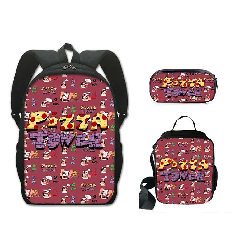 3D Pizza Tower Pepperman Backapck 3psc/set Boys Girls Primary Middle School Students Schoolbag Lunch Bag Pencil Bag Backpacks