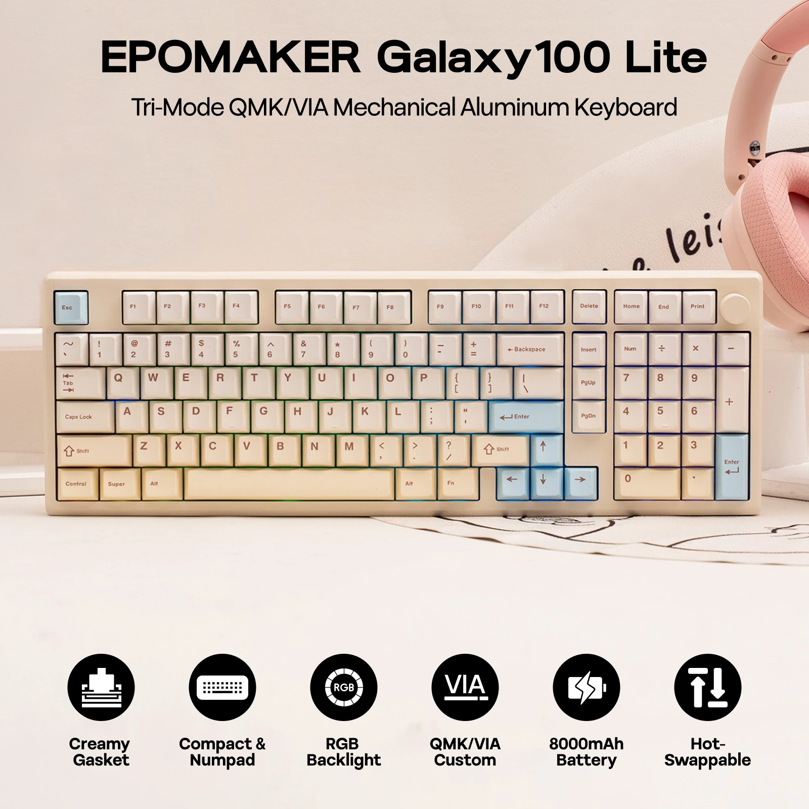 

EPOMAKER Galaxy100 Lite QMK/VIA 1800 ANSI Трехрежимная беспроводная механическая клавиатура с американской раскладкой, аккумулятором 8000 мАч и RGB-подсветкой