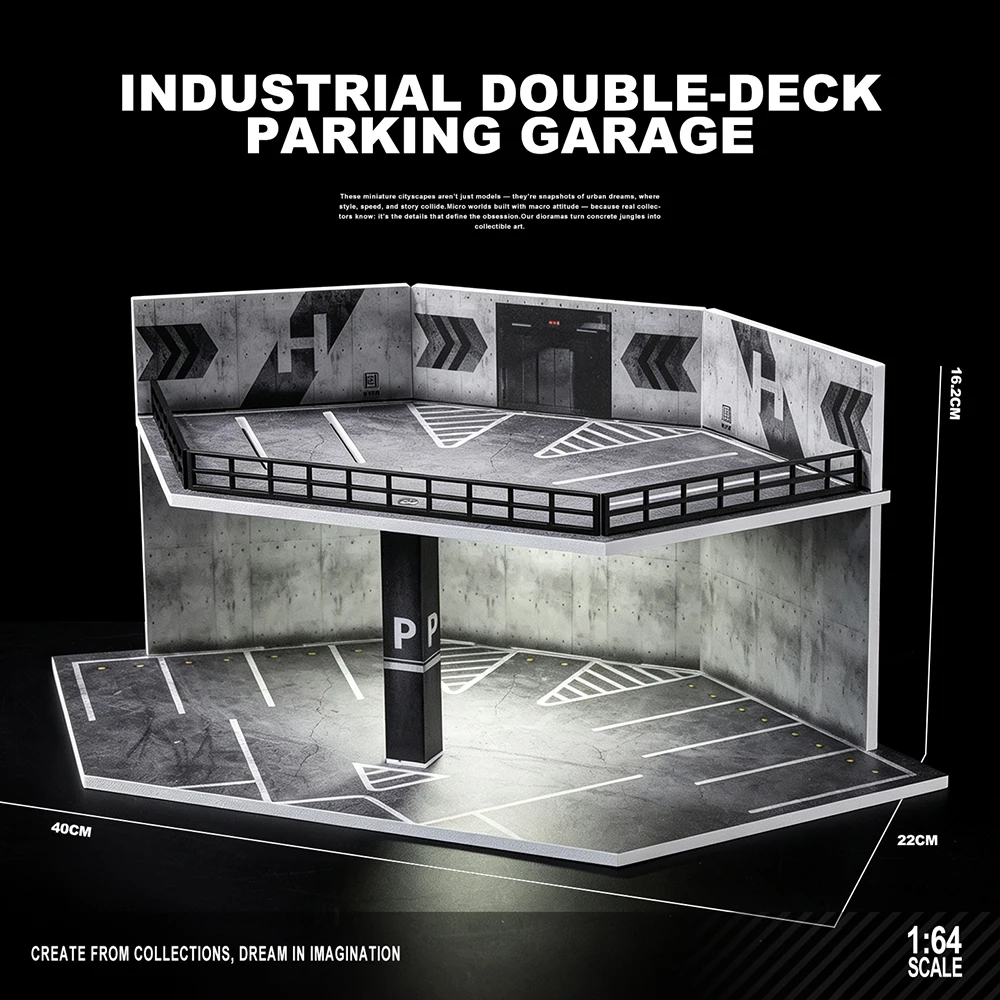 1/64 Industrieel onregelmatig parkeergarage-diorama, modelaccessoires – decoratiemateriaal voor een tentoonstellingsmodelauto (zonder auto).