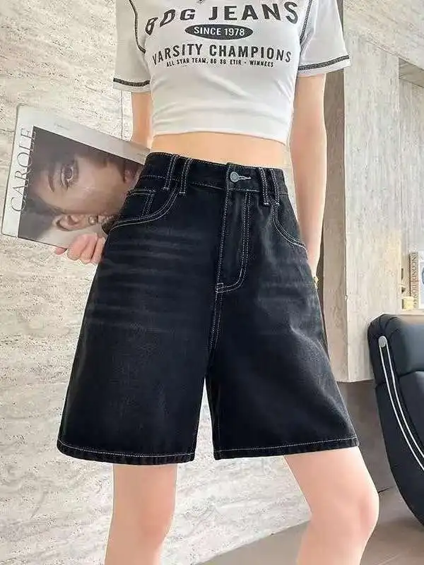 

Широкие джинсы с высокой талией, женские летние свободные брюки с тонким рукавом, 5-минутные брюки, повседневные джинсовые брюки с застежкой-молнией