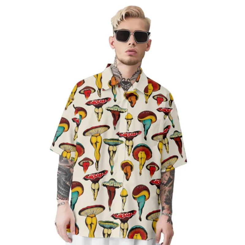 Mushroom Man Print Shirt Men's Hawaiian Chest Pocket Shirt Casual Short Sleeve Daily Smart Business Shirt For Men