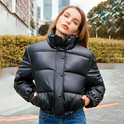 New Women's Cotton Jacket Stand Up Collar Short Leather Jacket Cotton Jacket Warm Bread Jacket Trendy Outerwear