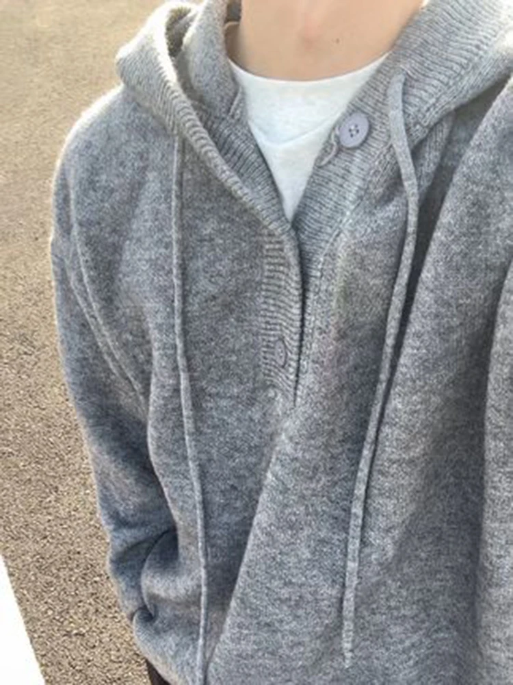 

Мужской вязаный свитер в американском ретро-стиле, осенне-зимний, свободного кроя, с капюшоном, на пуговицах, повседневный, дышащий, из полиэстера