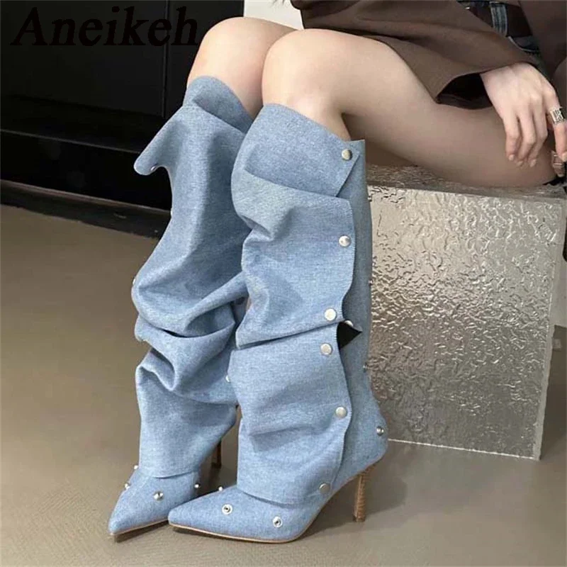 Aneikeh Botas Largas de tacón alto para Mujer, Botas altas de invierno, zapatos para Botas de Mujer, zapato vaquero puntiagudo de tacón fino con botones de Metal