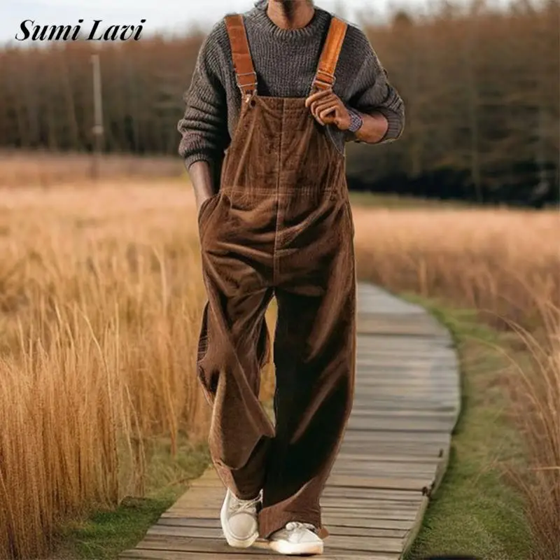 Trendy Sleeveless Corduroy Romper Mens Overalls Spring Summer Casual Loose Pants Bodysuits For Men Fashion Solid Color Jumpsuits