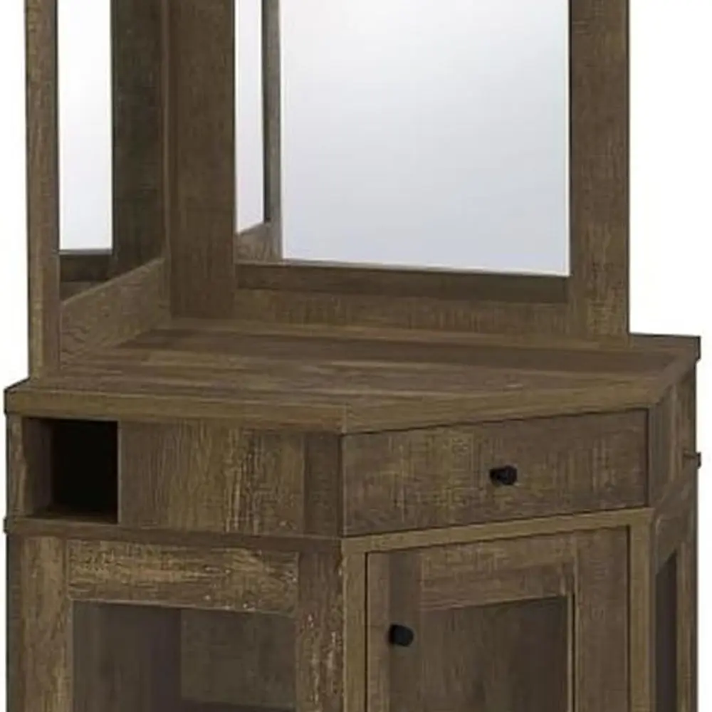 

Высокий шкаф для спиртных напитков из дуба в деревенском стиле со стеклянной дверью, хранилищем для вина, полкой для бокалов и зеркальной спинкой, высотой 70,75 г.