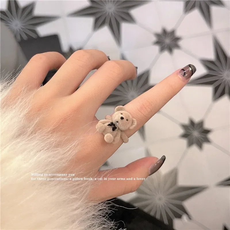 Flocking Bear Ring with Cute Cartoon Personality Simple Opening Adjustable Ring Index Finger Ring