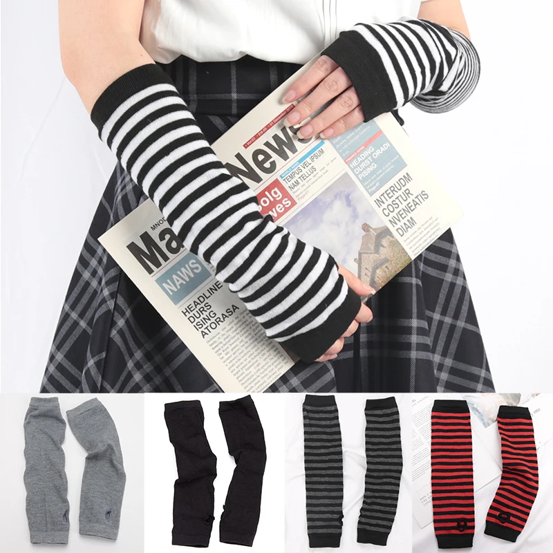 

Punk Winter Warm Long Sleeves Gloves Goth Men Women Fingerless Stripe Hip-Hop Knitted Elbow Mittens Elastic Outdoor Warmer Arm