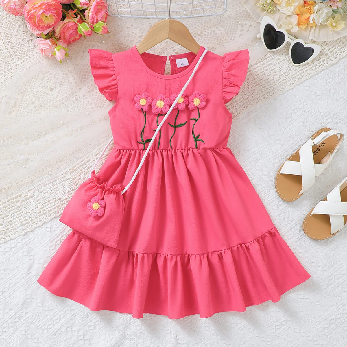 Summer Girls' Dress Knitted Embroidery Small Flower Flying Sleeve Dress + Small Bag 2-Piece Set for Girls Aged 1-6 Years Old Dre