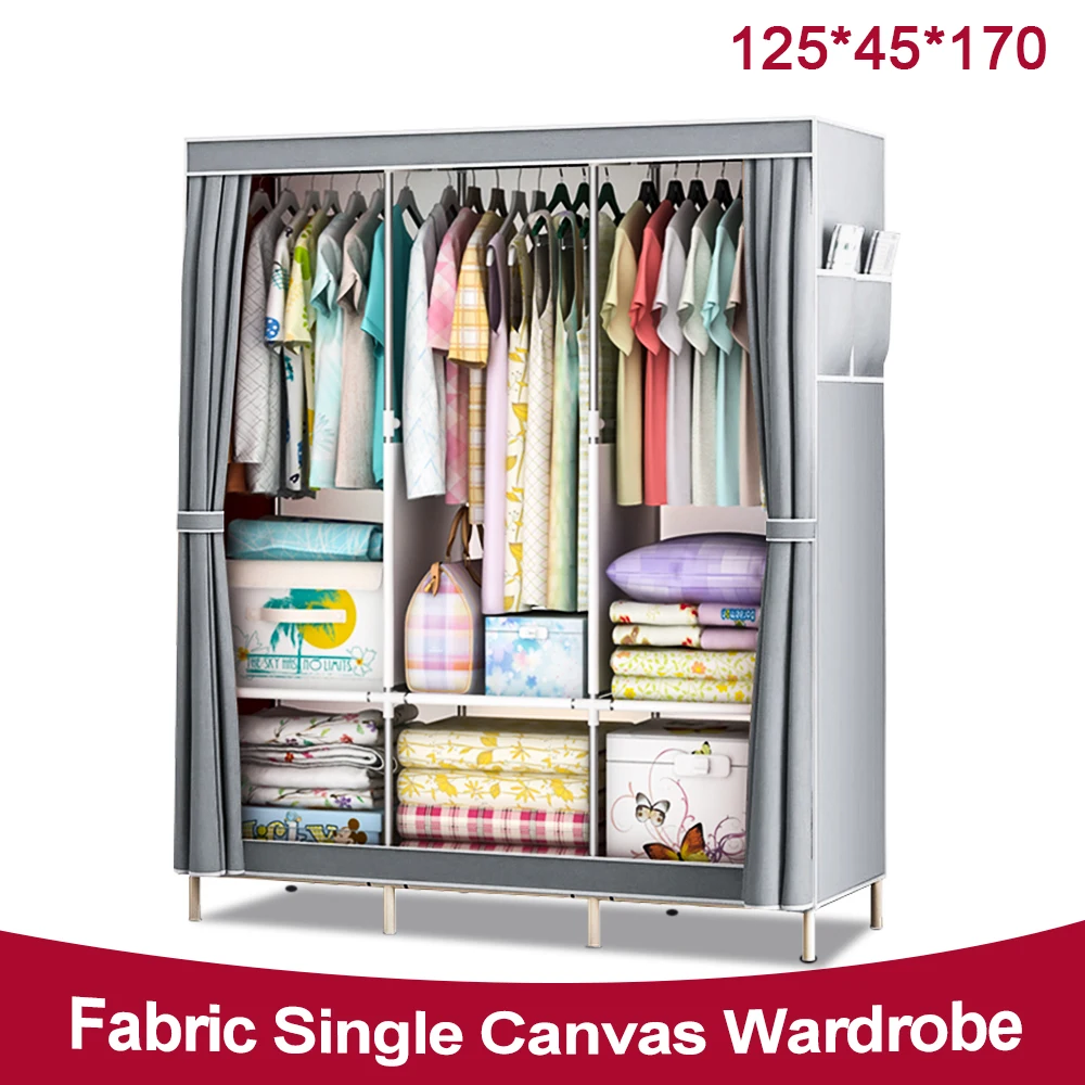 Canvas Wardrobe, Pop up Fabric Wardrobes with 3 large hanging areas, 6 stacking compartments and storage underneath,125*45*170