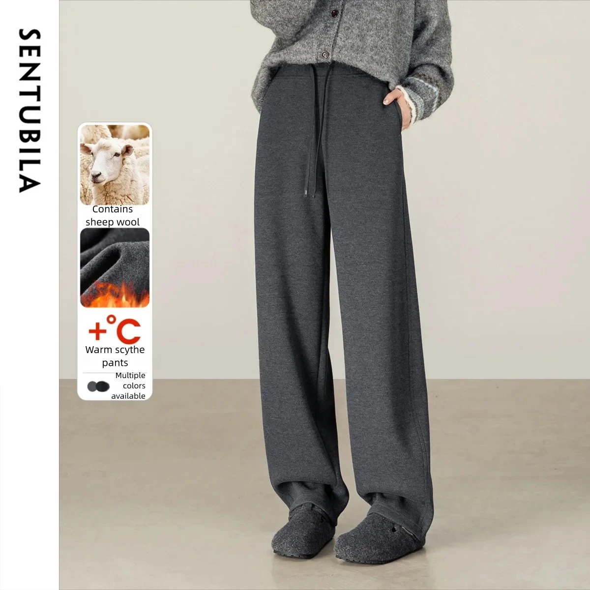 

SENTUBILA Women's Long Pants Drawstring Elastic Waist Trousers 2025 Autumn Winter Solid Simple Commute Knitted Pant 154K59399
