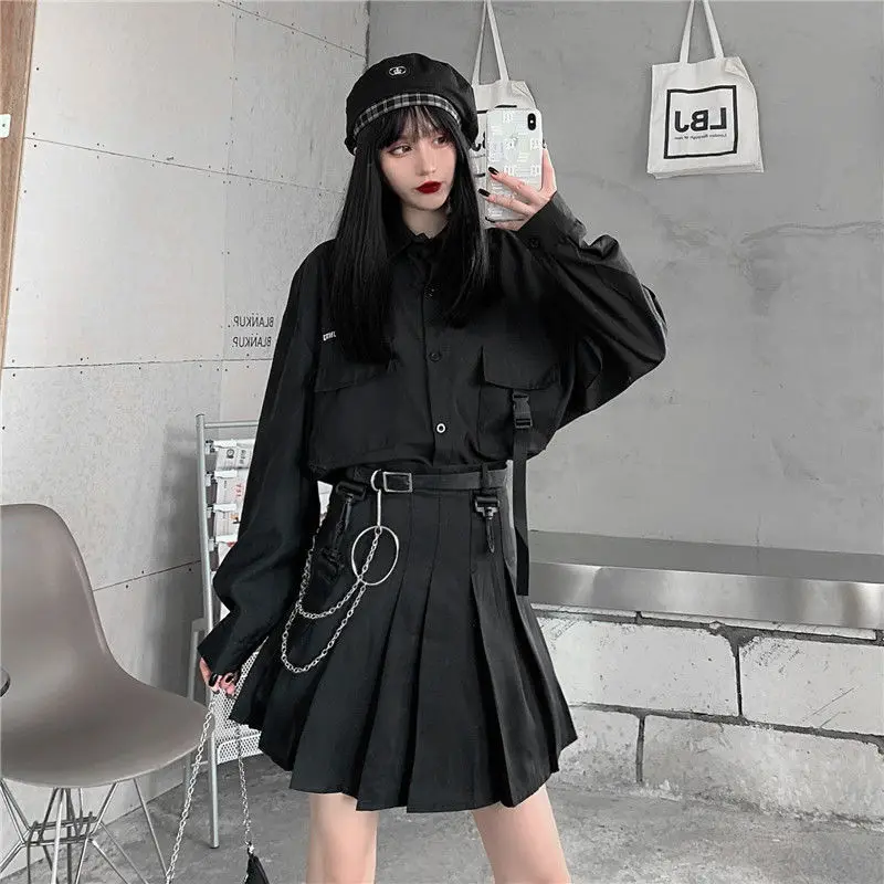 봄 여름 A라인 미니스커트 세트 여성용 블랙 셔츠 하이웨이스트 JK 유니폼 스타일 패셔너블 워크웨어 폴리에스터 원단