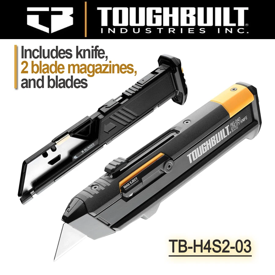 

ToughBuilt TB-H4S2-03 Heavy Duty Retractable Utility Knife + 2 Blade Mags for Cartons, Cardboard and Boxes