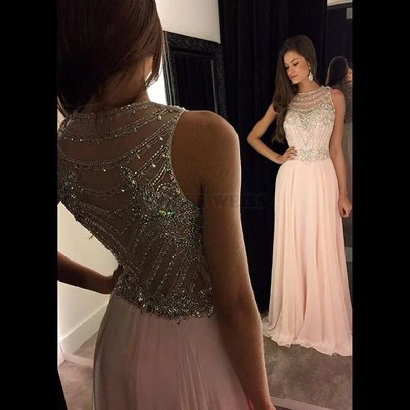 prom dresses sexy pink prom gown a-line beading dress long prom see through back chiffon party dress Customized