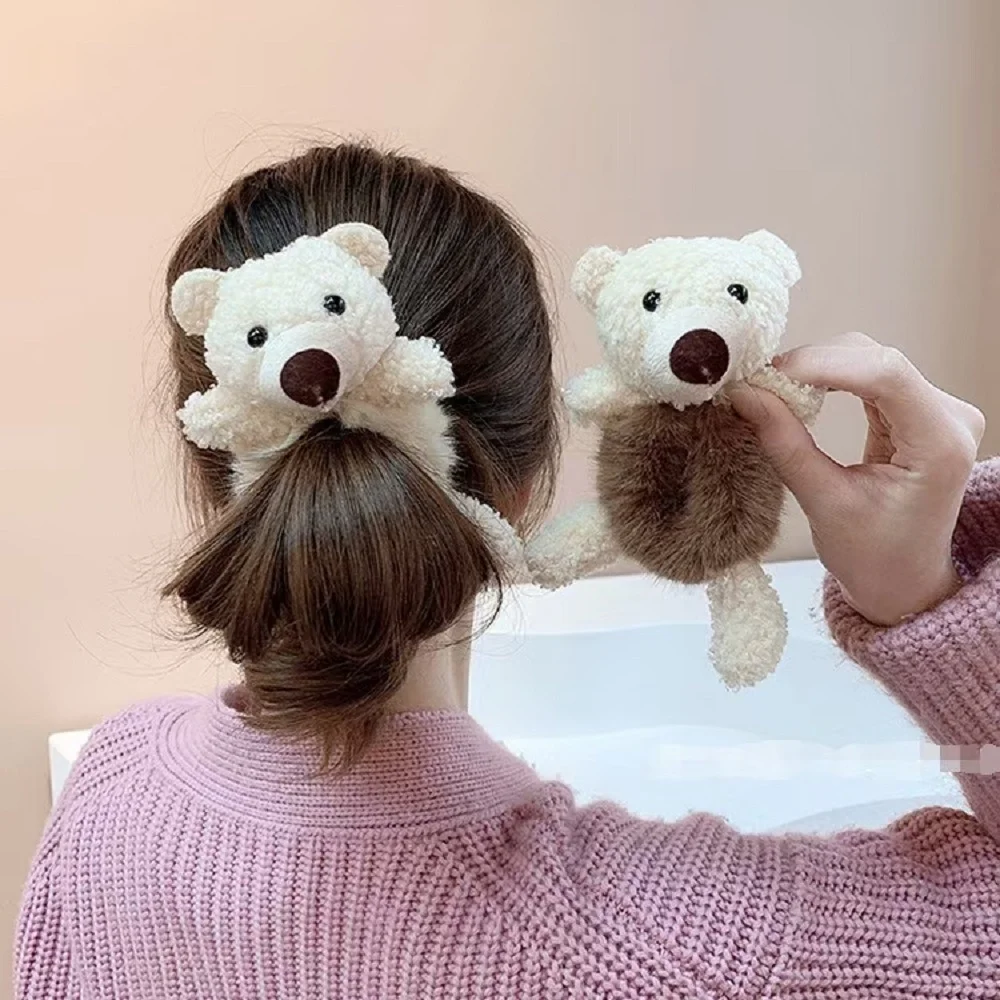 Cute Cartoon Plush Bear Hair Circle Doesn\'t Hurt Hair Headdress Children\'s Hair Tie Korean Version Hair Rope Marble Head Hair Ri