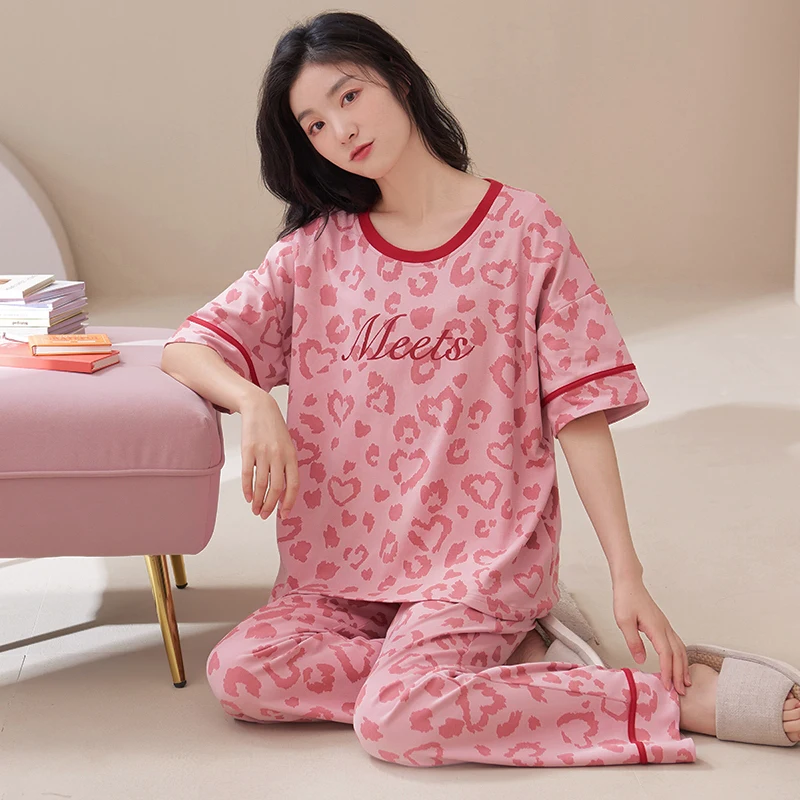 Summer Pyjamas Women 100% Cotton Pajamas Set With Chest Pad Ladies Cute Cartoon Sleepwear Long Pants Home Clothing