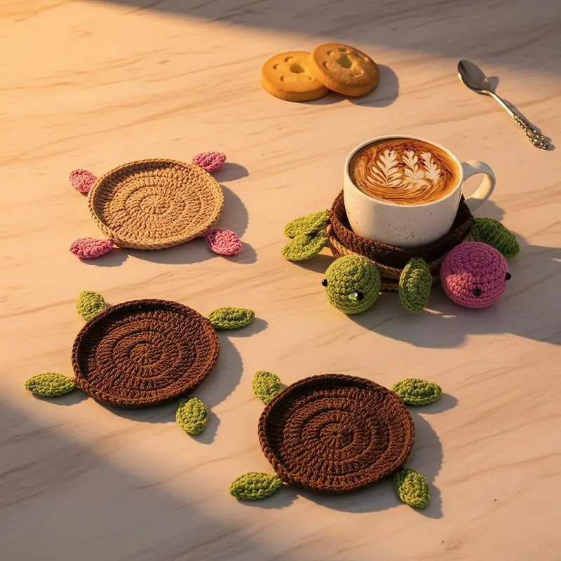 Handgemachter Häkeluntersetzer in Schildkrötenform, leicht zu reinigen, lustiger Tier-Becheruntersetzer, waschbare Strickunterlage für Zuhause, Küche, Kaffeetasse, Weihnachtsgeschenk – Detail 1